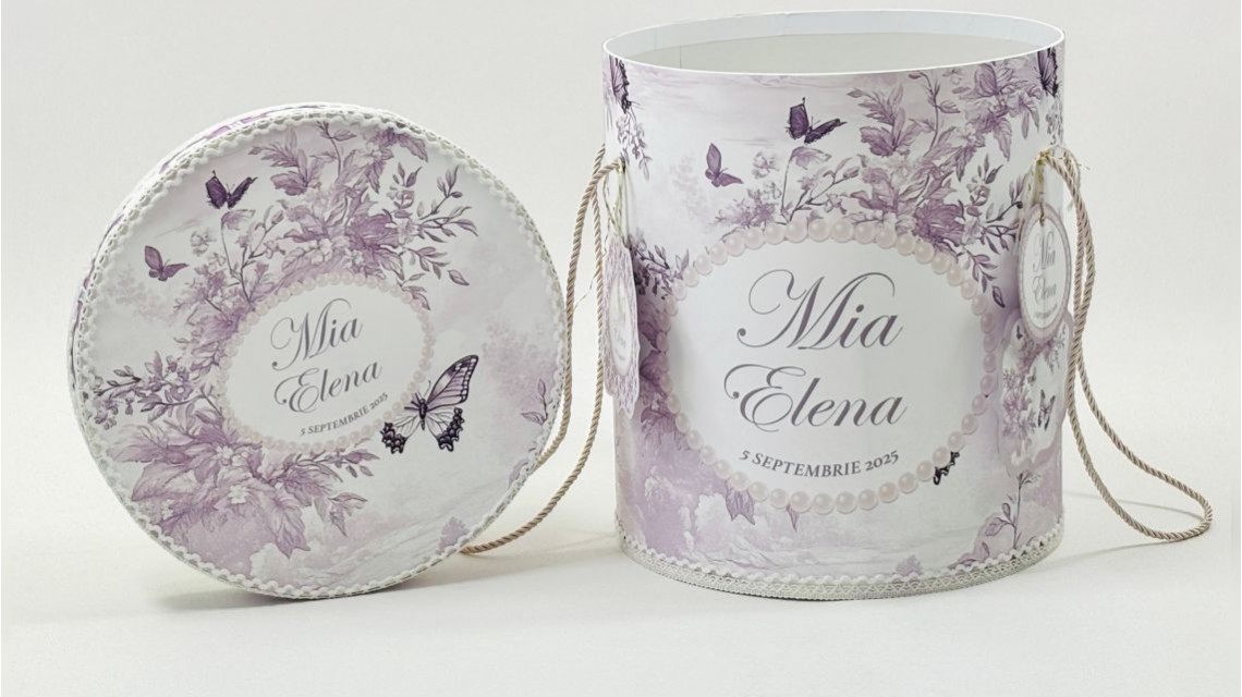Trusou botez Purple Toile cu fluturi și flori mov personalizat 30